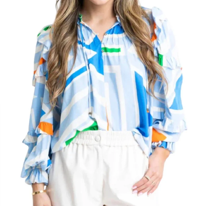 Casual Yet Chic Sales Geometric Ruffle Top In Blue