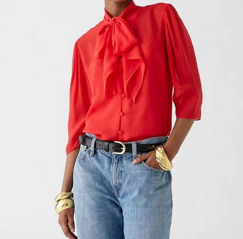 Limited Time Deal Tie-Neck Button-Up Top In Sheer Chiffon In Red