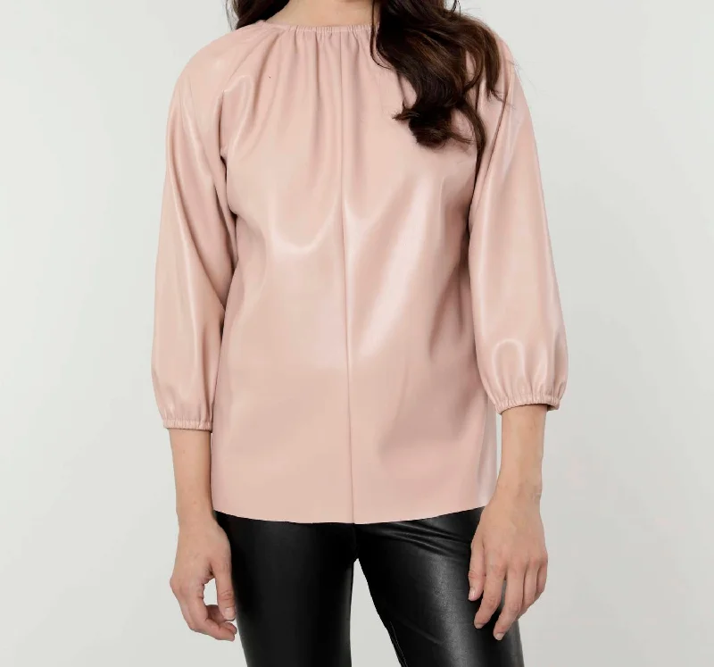 Style Upgrade Vegan Leather Peasant Top In Blush