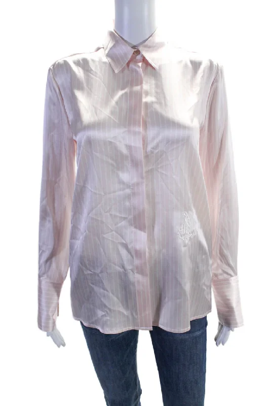 Season Offer DMN Paris Womens Button Front Collared Striped Silk Shirt Pink White