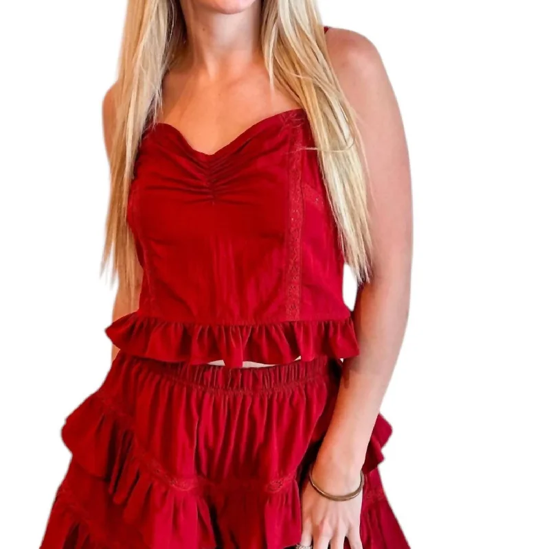 Top Deals Snappy Ruffle And Lace Top In Burgundy