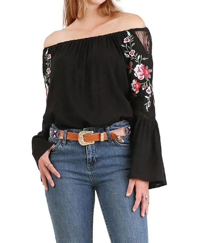 Modish Fashion Discounts Floral Embroidered Bell Sleeve Top In Black