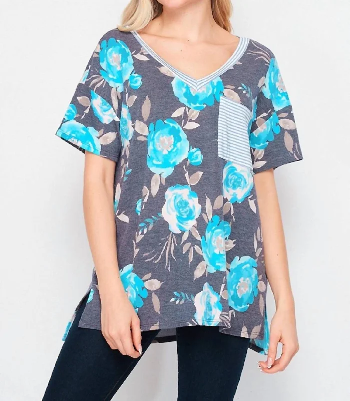 On-Trend Fashion Offers Floral Pocket Top In Grey/blue Floral