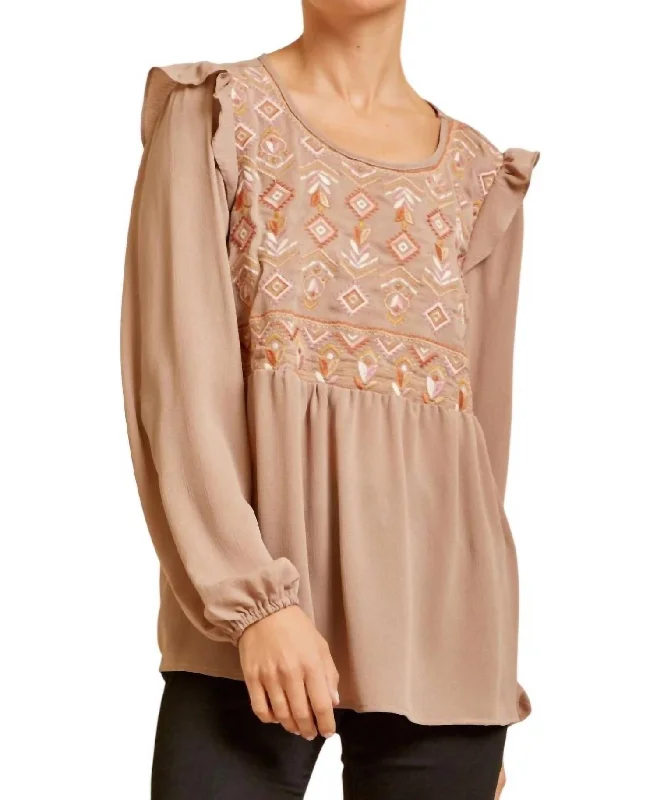 Fashion Forward Embroidered Babydoll Ruffle Top In Mocha