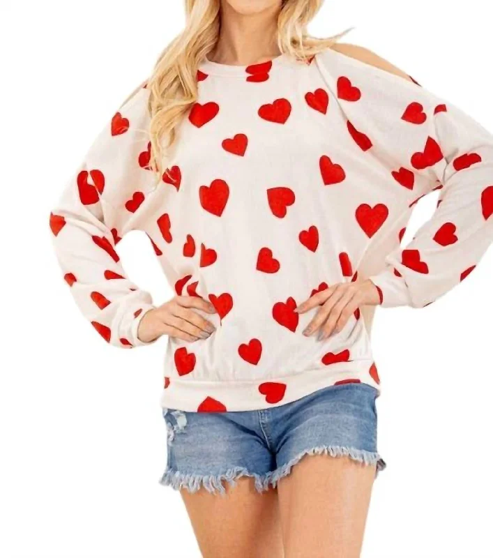 Season Sale Cold Shoulder Heart Top In White/red