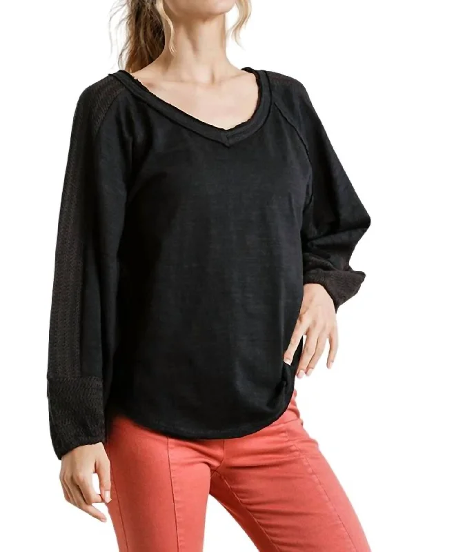 Flash Sale Contrast Knit Puff Sleeve Top In Black