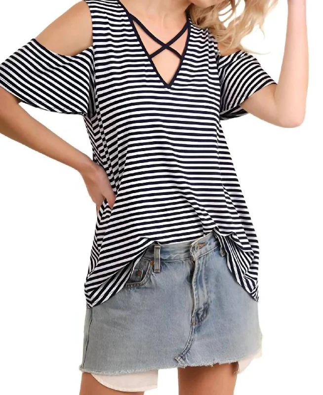 Ride The Style Wave Cold Shoulder Striped Top In Navy & White