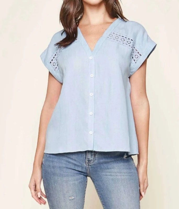 Chic Style Discounts Chambray Crochet Trim Top In Light Blue