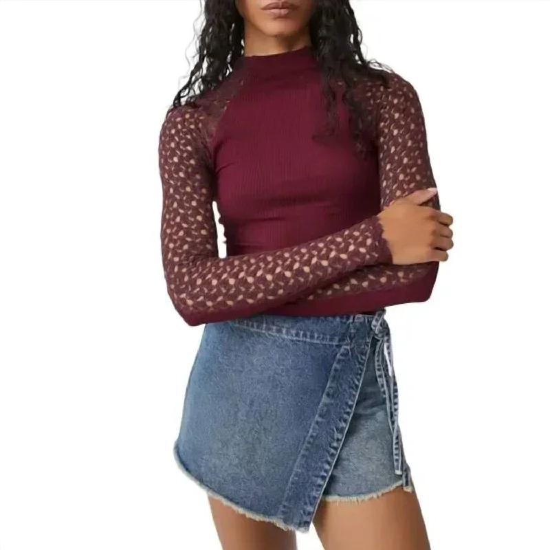 You'll Love Us Because Clementine Ribbed Mixed Media Top In Burgundy