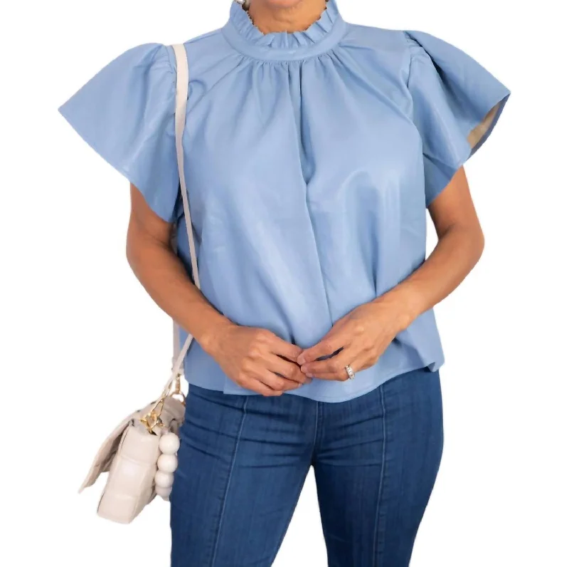 Elegant Style Tell Me About It Faux Leather Flutter Sleeve Top In Blue