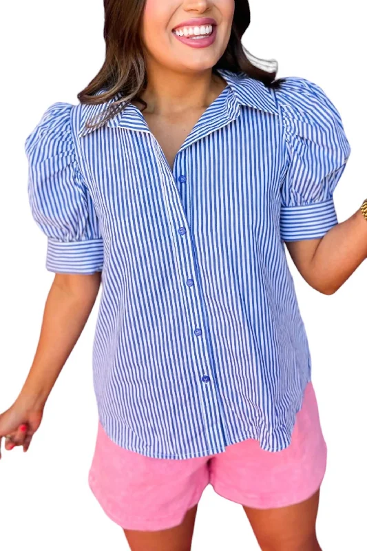 Stylish Savings Striped 3/4 Draped Sleeves Top In Blue