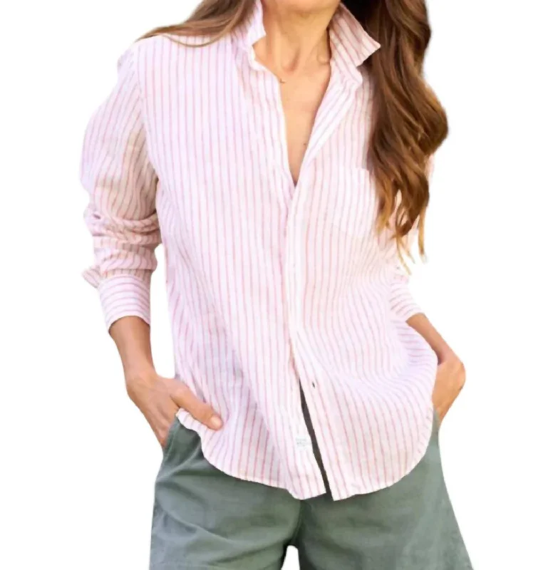 Evening Elegance Relaxed Button-Up Shirt In Pink Stripe