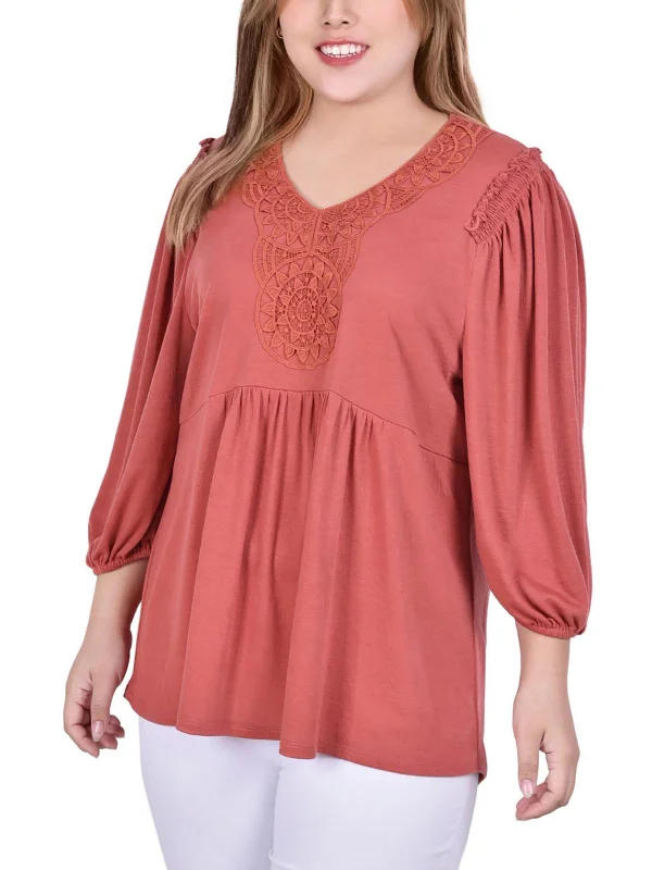 Limited Styles Plus Womens Lace V Neck Peasant Top