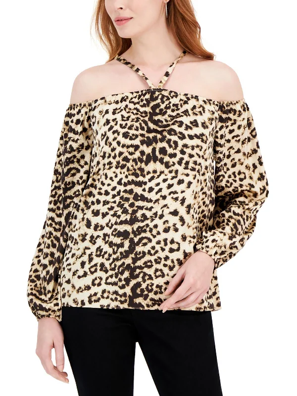 Affordable Trendy Fashion Womens Animal Print Bishop Sleeve Halter Top