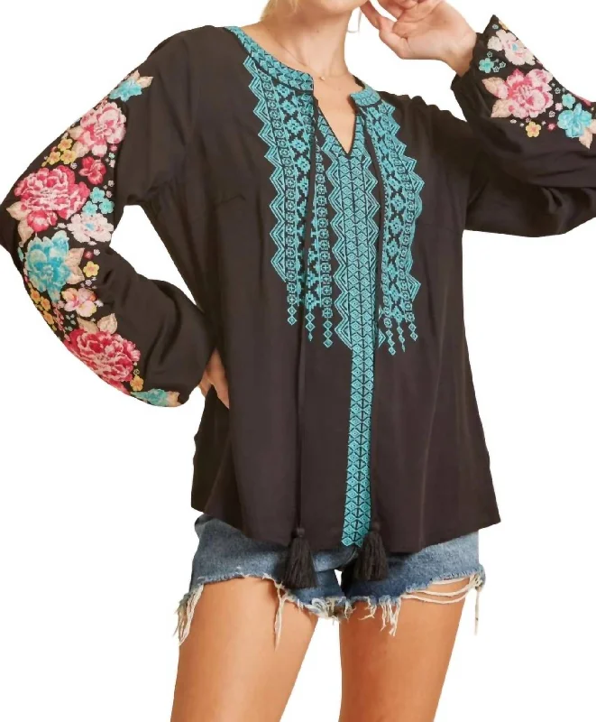 Seasonal Sale Floral & Geo Embroidered Top In Black