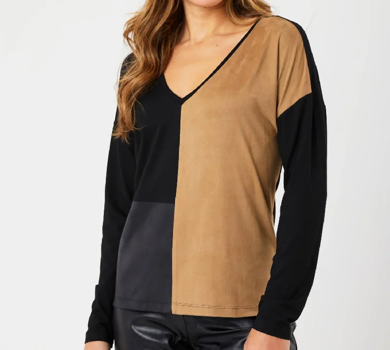 Comfort Meets Fashion Two Tone V-Neck Top In Black/sand