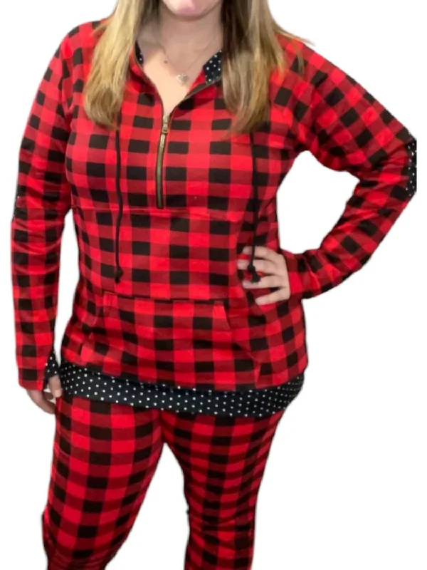 Discover Promotions Buffalo Plaid Dot Half Zip Top In Red/black