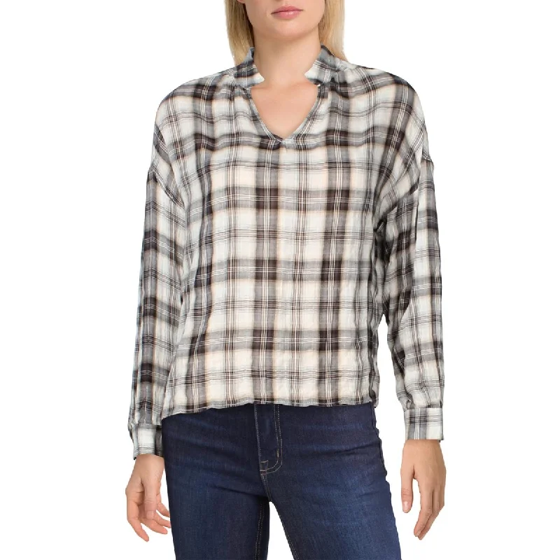 Latest Fashion Womens Plaid Split Neckline Top