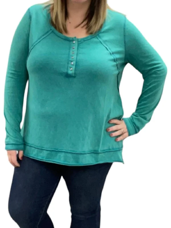 Timeless Elegance Redefined Washed Henley Top In Teal