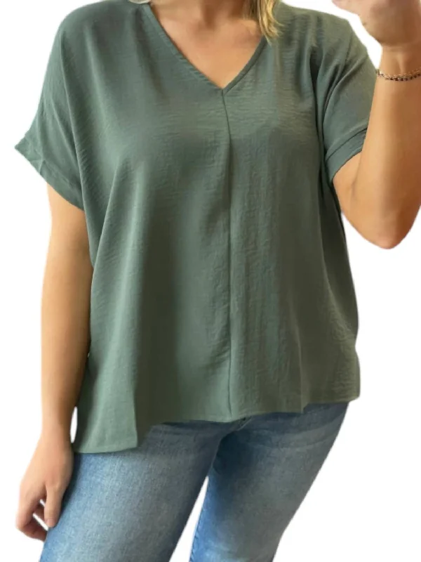 Premium Style V-Neck Woven Top In Light Hunter