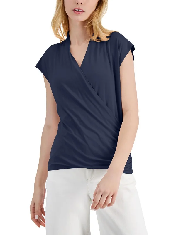 Essentials On Sale Womens Surplice Cap Sleeve Wrap Top