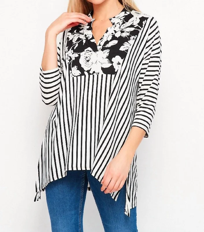 Relaxed Style Deals Floral & Striped Gabby Top In Black White Stripes