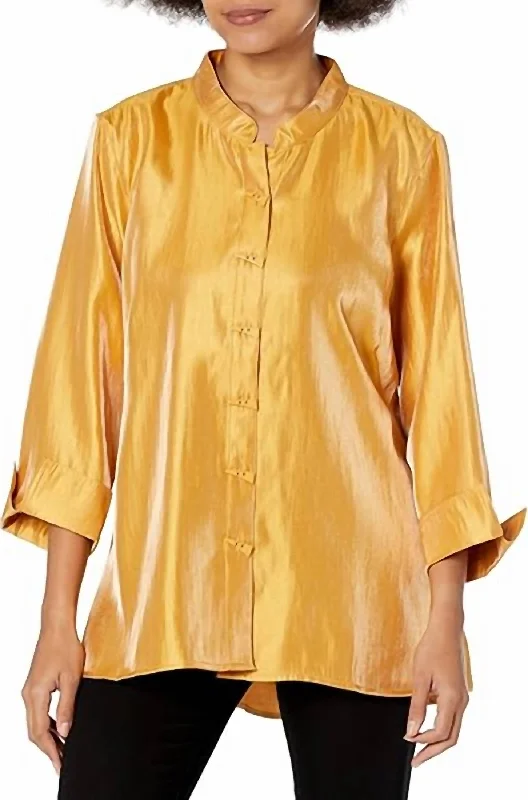 Limited Edition 3/4 Sleeve Button Front Hi-Lo Shirt In Amber