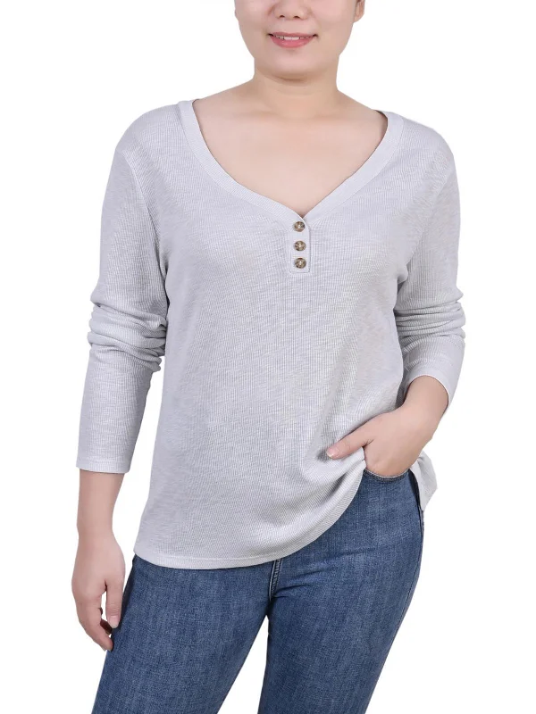 Stylish Deals Petites Womens Cotton Ribbed Henley