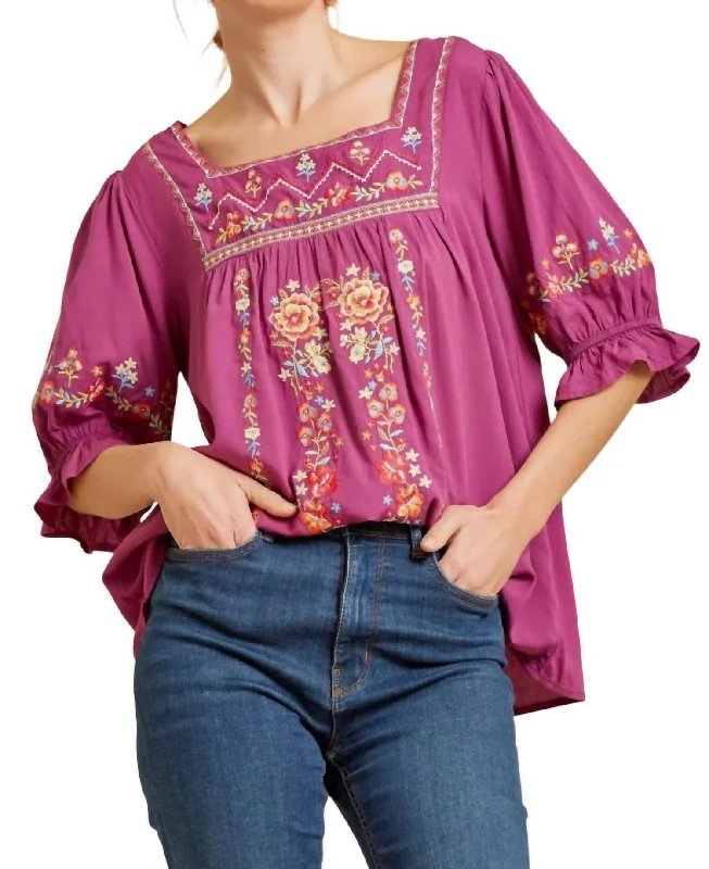 Big Savings Embroidered Peasant Top In Magenta