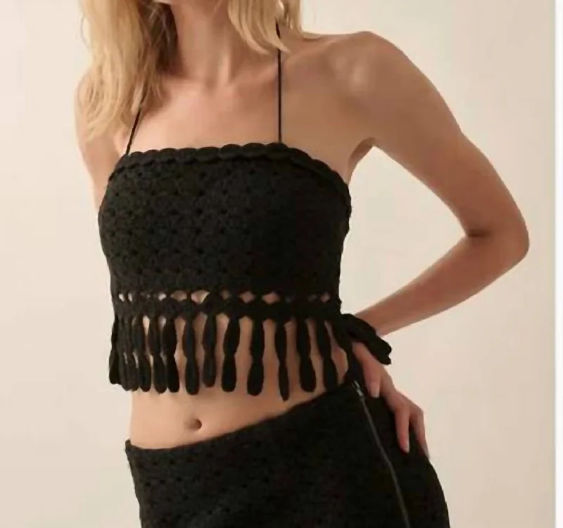 Fashion Forward Crotchet Knit Fringe Tube Halter Top In Black