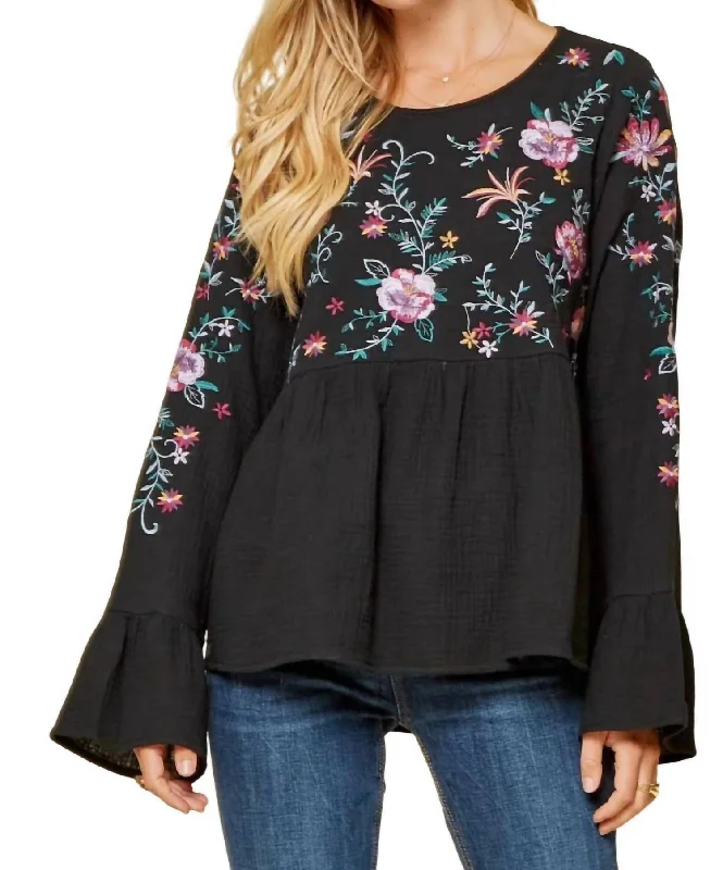 Casual Chic Embroidered Babydoll Top In Black