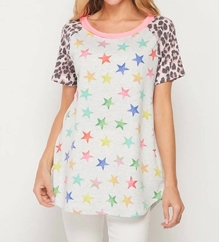 High-End Style Discounts Leopard & Stars Raglan Top In White Multi