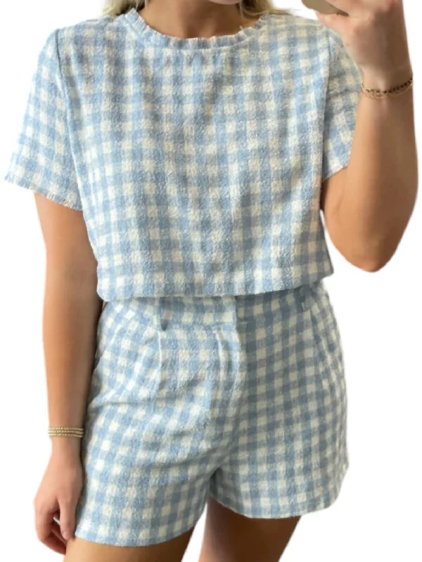 Sophisticated Style Offers Gingham Raw Edge Top In Blue/white