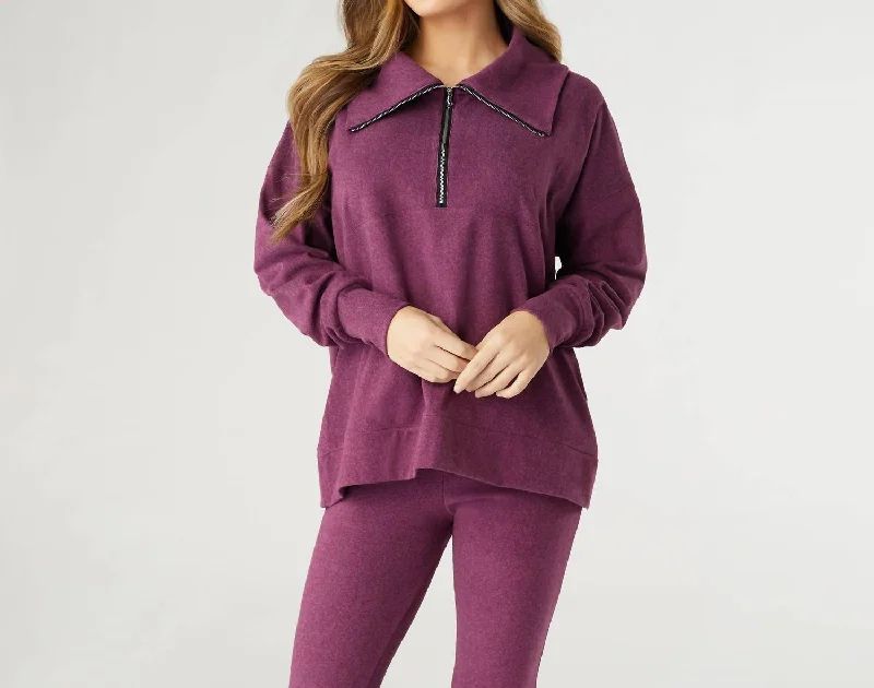 Romantic Fashion Discounts Brushed Half Zip Collar Top In Berry