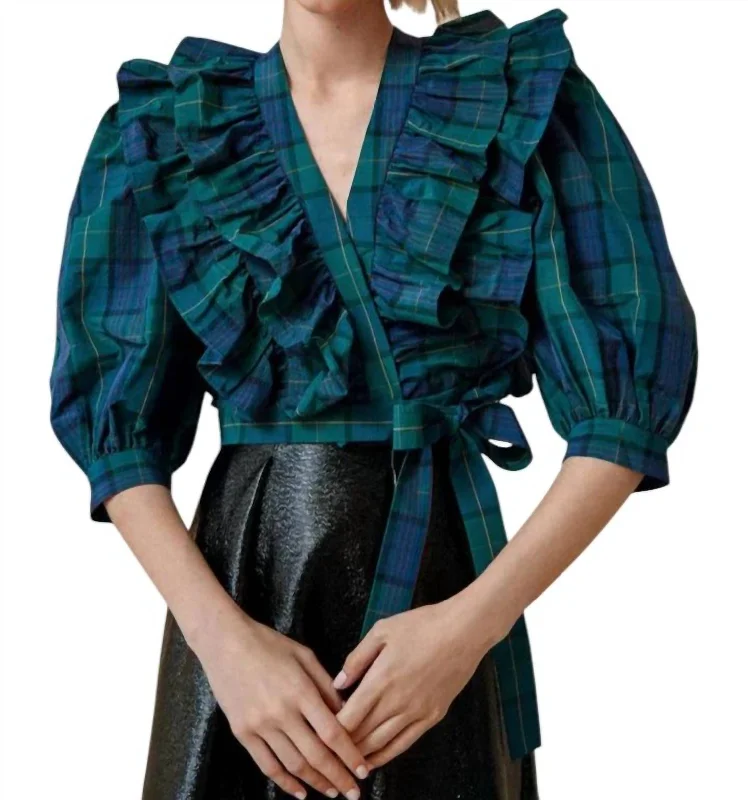 Romantic Chic Deals Johanna Top In Green Tartan Plaid