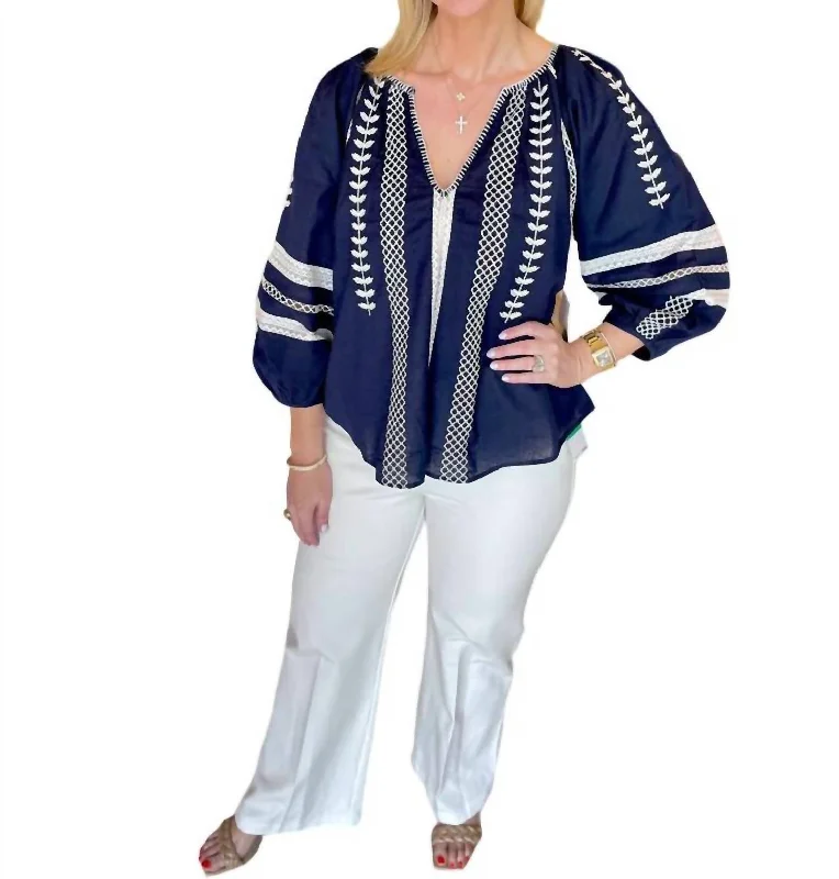 Bid Farewell To The Old Season Embroidered Peasant Top In Navy