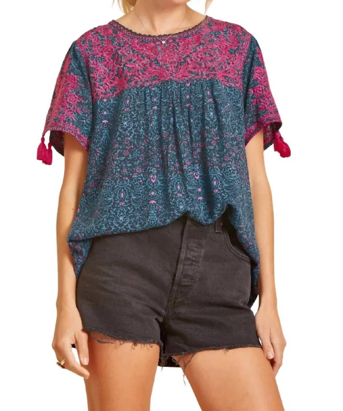 Clearance Event Embroidered Babydoll Top In Magenta/teal