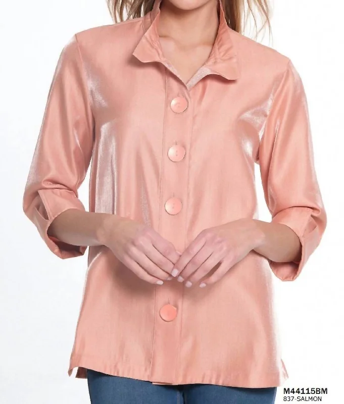 Hot Picks 3/4 Sleeve Wire Collar Button Front Shirt In Salmon