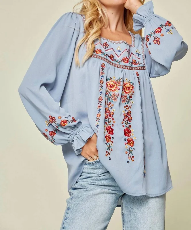 Trendy Styles Embroidered Babydoll Top In Blue