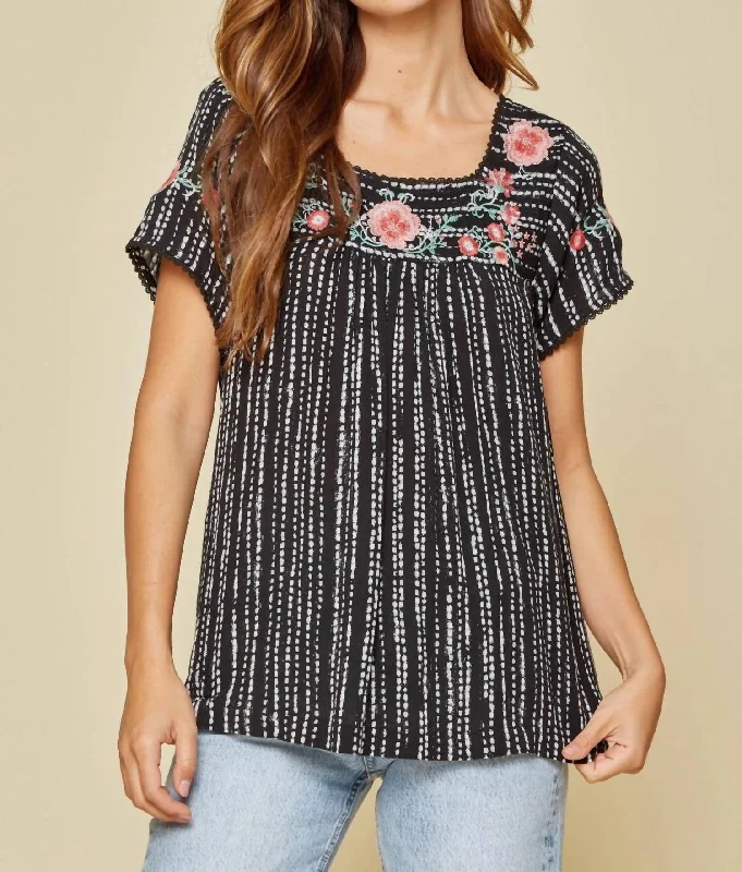 Day-To-Night Styles Babydoll Embroidered Top In Black