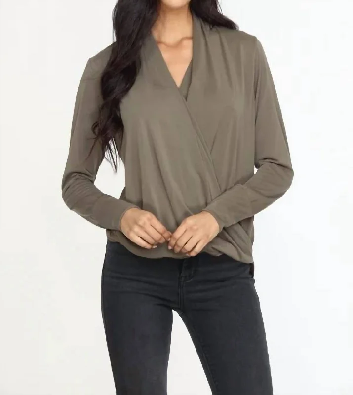 Latest Trends Cupro Draped Surplice Top In Olive