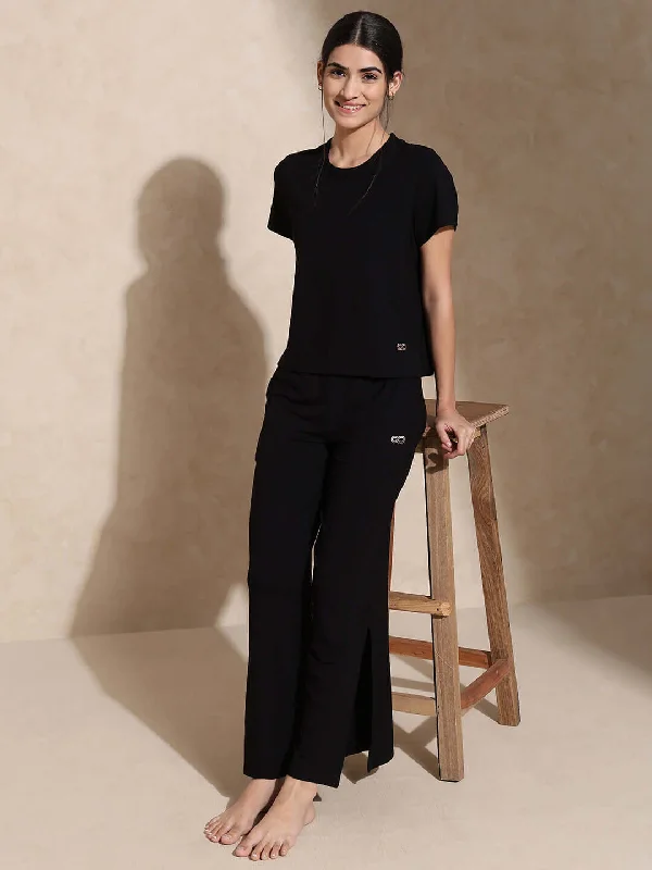 Women's High-Fashion Outfit Avant-Garde Style Promotions Zen Tee & Lounge Pants with Slit Black