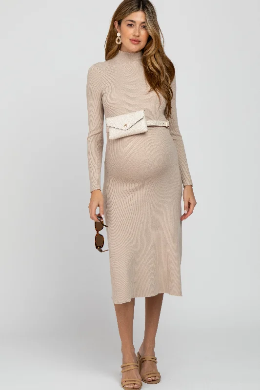 Affordable Women's Clothes Shop Sale Items Beige Mock Neck Flared Maternity Midi Dress