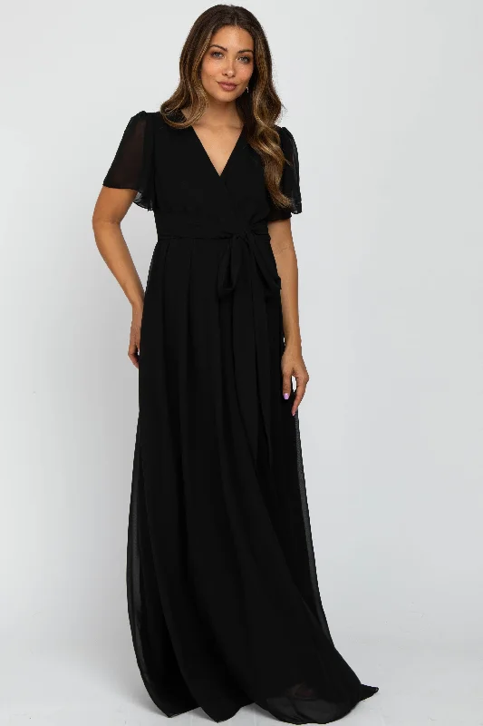 Women's Everyday Clothes Unbeatable Deals Black Chiffon Short Sleeve Maternity Maxi Dress