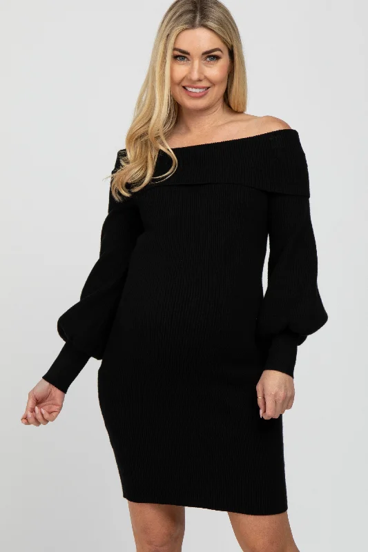 Women's Travel Apparel Fashion Essentials Black Off Shoulder Bubble Sleeve Maternity Sweater Dress