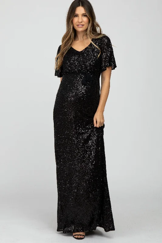 Women's Stylish Outdoor Outfit The Latest Fashion Trends Black Sequin Short Sleeve Maternity Maxi Dress