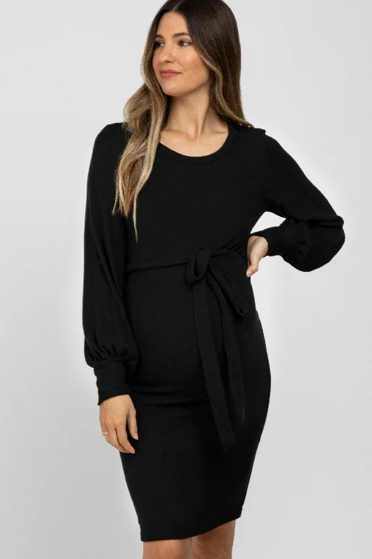 Women's Seasonal Apparel Seasonal Trends Black Soft Brushed Waist Tie Bubble Sleeve Maternity Dress