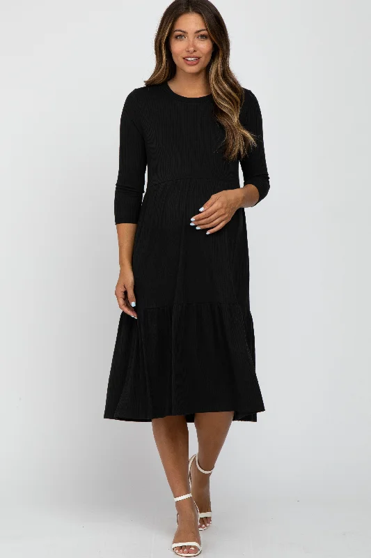 Women's Stylish Casual Garments Romantic Fashion Discounts Black Tiered Ribbed 3/4 Sleeve Maternity Midi Dress