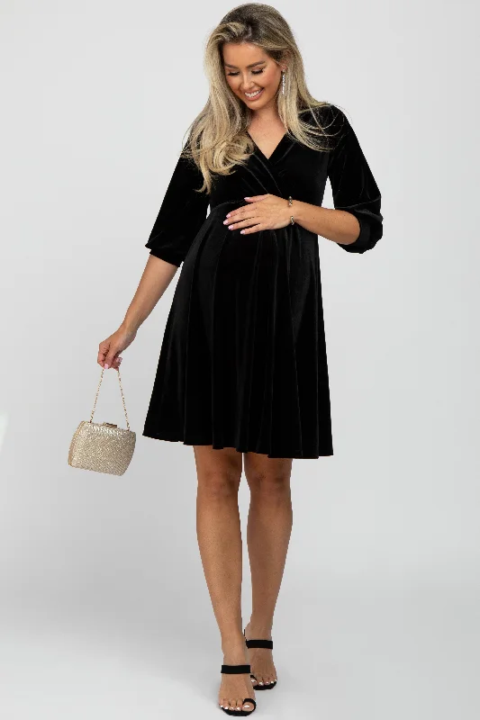 Women's Vacation Clothes Vibrant Style Promotions Black Velvet Wrap Front Babydoll Maternity Dress