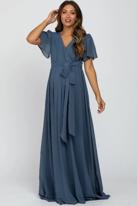 Women's Formal Event Clothing Chic And Trendy Blue Chiffon Short Sleeve Maternity Maxi Dress